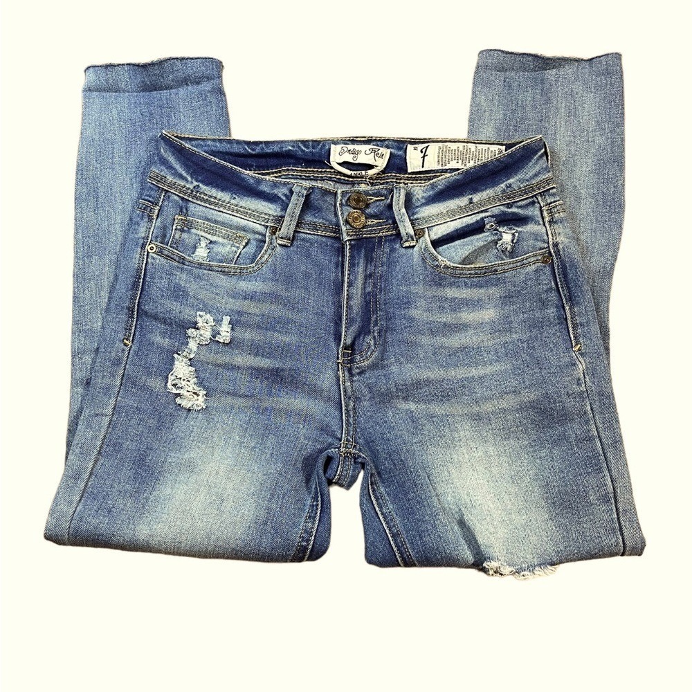 Indigo Rein Jeans Womens 7 Distressed Denim Blue Ankle Raw Hem Boho Festival Y2K